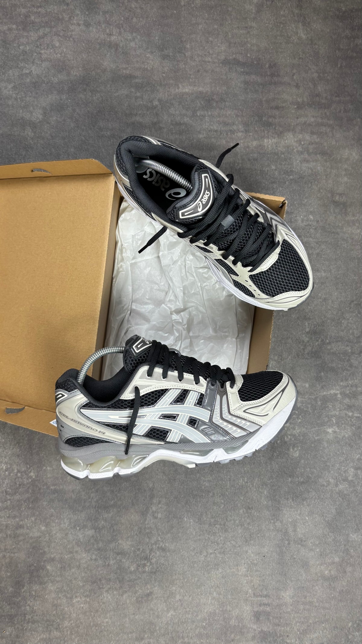 Asics Kayano 14's Obsidian Cement Grey